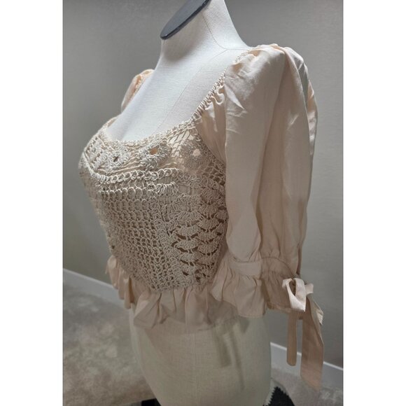 Milk & Honey Beige Crochet Lace Blouse With Puff Sleeves & Tie Back L - Picture 6 of 7